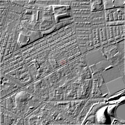 Shaded relief map of the ground around M147BS, computed from Environment Agency LiDAR. The ground here sits at about 34 m above sea level and falls 10 m across the surrounding 800 m. Surface water reaching this point runs off ground lying to the east-north-east, 3.0 m higher.