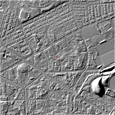 Shaded relief map of the ground around M147BT, computed from Environment Agency LiDAR. The ground here sits at about 34 m above sea level and falls 10 m across the surrounding 800 m. Surface water reaching this point runs off ground lying to the north-east, 3.1 m higher.