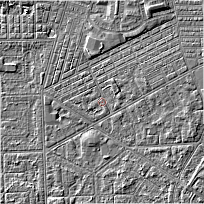 Shaded relief map of the ground around M147BX, computed from Environment Agency LiDAR. The ground here sits at about 33 m above sea level and falls 6 m across the surrounding 800 m. The ground contributing surface water to this point lies to the east-north-east.