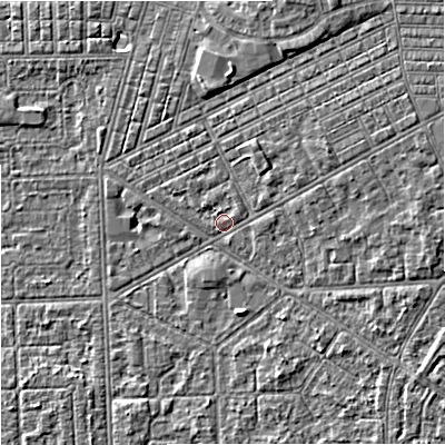 Shaded relief map of the ground around M147BY, computed from Environment Agency LiDAR. The ground here sits at about 33 m above sea level and falls 5 m across the surrounding 800 m. Surface water reaching this point runs off ground lying to the east-north-east, 3.3 m higher.