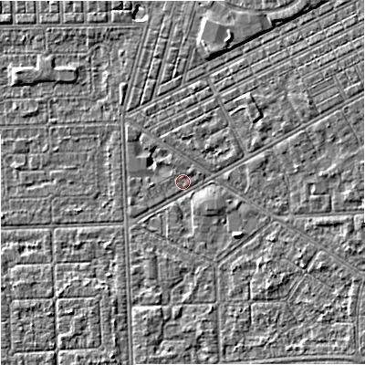 Shaded relief map of the ground around M147BZ, computed from Environment Agency LiDAR. The ground here sits at about 32 m above sea level and falls 4 m across the surrounding 800 m. Surface water reaching this point runs off ground lying to the east-north-east, 0.8 m higher.