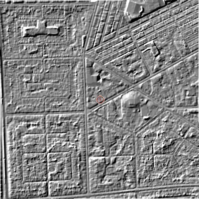 Shaded relief map of the ground around M147DA, computed from Environment Agency LiDAR. The ground here sits at about 32 m above sea level and falls 4 m across the surrounding 800 m. Surface water reaching this point runs off ground lying to the east-north-east, 3.0 m higher.