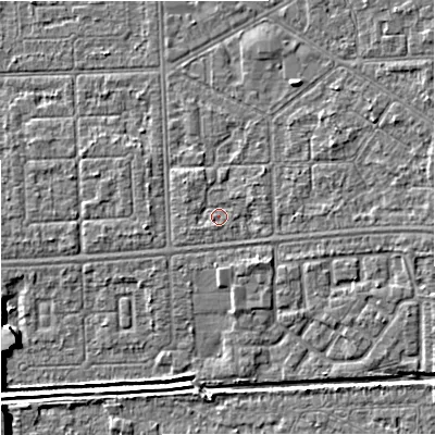 Shaded relief map of the ground around M147DB, computed from Environment Agency LiDAR. The ground here sits at about 33 m above sea level and falls 6 m across the surrounding 800 m. Surface water reaching this point runs off ground lying to the east-north-east, 1.1 m higher.