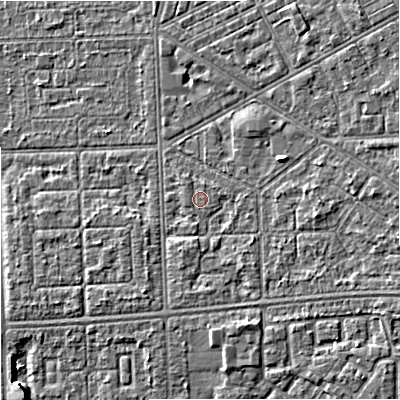 Shaded relief map of the ground around M147DD, computed from Environment Agency LiDAR. The ground here sits at about 32 m above sea level and falls 4 m across the surrounding 800 m. Surface water reaching this point runs off ground lying to the south-south-west, 0.7 m higher.