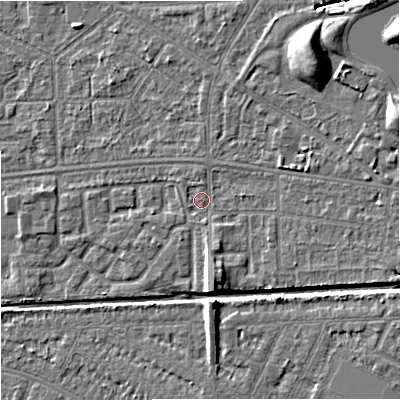Shaded relief map of the ground around M147DG, computed from Environment Agency LiDAR. The ground here sits at about 34 m above sea level and falls 9 m across the surrounding 800 m. Surface water reaching this point runs off ground lying to the south, 4.0 m higher.