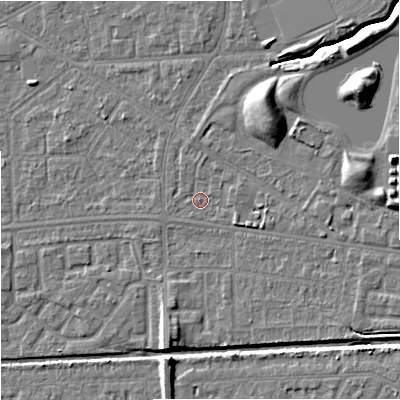 Shaded relief map of the ground around M147DL, computed from Environment Agency LiDAR. The ground here sits at about 34 m above sea level and falls 11 m across the surrounding 800 m. Surface water reaching this point runs off ground lying to the north-east, 6.9 m higher.
