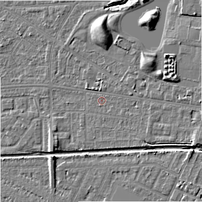 Shaded relief map of the ground around M147DN, computed from Environment Agency LiDAR. The ground here sits at about 35 m above sea level and falls 10 m across the surrounding 800 m. Surface water reaching this point runs off ground lying to the east, 2.4 m higher.