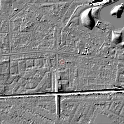 Shaded relief map of the ground around M147DQ, computed from Environment Agency LiDAR. The ground here sits at about 34 m above sea level and falls 11 m across the surrounding 800 m. Surface water reaching this point runs off ground lying to the east-south-east, 2.4 m higher.