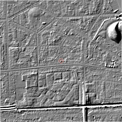 Shaded relief map of the ground around M147DR, computed from Environment Agency LiDAR. The ground here sits at about 34 m above sea level and falls 11 m across the surrounding 800 m. Surface water reaching this point runs off ground lying to the east, 0.7 m higher.