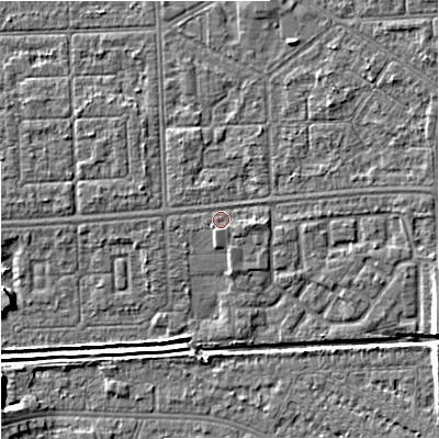 Shaded relief map of the ground around M147DT, computed from Environment Agency LiDAR. The ground here sits at about 33 m above sea level and falls 8 m across the surrounding 800 m. Surface water reaching this point runs off ground lying to the east, 1.7 m higher.