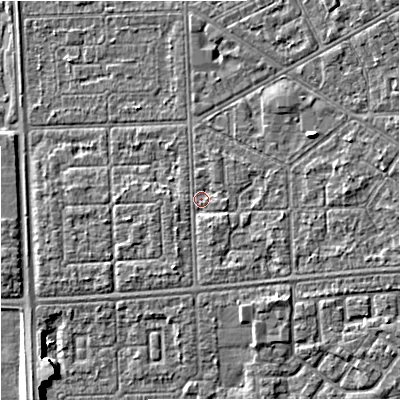 Shaded relief map of the ground around M147DX, computed from Environment Agency LiDAR. The ground here sits at about 32 m above sea level and falls 5 m across the surrounding 800 m. Surface water reaching this point runs off ground lying to the east-south-east, 1.7 m higher.