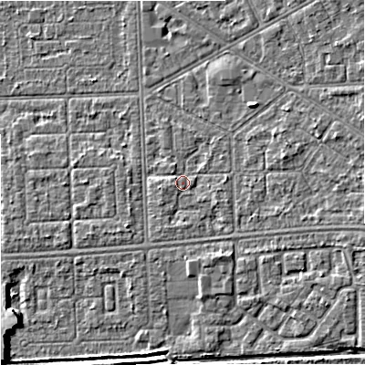 Shaded relief map of the ground around M147DZ, computed from Environment Agency LiDAR. The ground here sits at about 33 m above sea level and falls 6 m across the surrounding 800 m. Surface water reaching this point runs off ground lying to the east-south-east, 1.4 m higher.