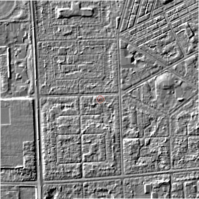 Shaded relief map of the ground around M147EA, computed from Environment Agency LiDAR. The ground here sits at about 32 m above sea level and falls 4 m across the surrounding 800 m. Surface water reaching this point runs off ground lying to the north-east, 3.5 m higher.