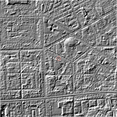Shaded relief map of the ground around M147EB, computed from Environment Agency LiDAR. The ground here sits at about 32 m above sea level and falls 5 m across the surrounding 800 m. Surface water reaching this point runs off ground lying to the east, 2.5 m higher.