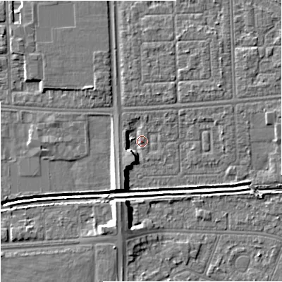 Shaded relief map of the ground around M147EG, computed from Environment Agency LiDAR. The ground here sits at about 31 m above sea level and falls 10 m across the surrounding 800 m. Surface water reaching this point runs off ground lying to the south-south-west, 5.7 m higher.