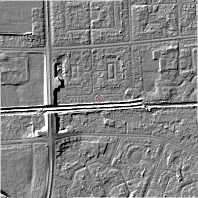 Shaded relief map of the ground around M147EP, computed from Environment Agency LiDAR. The ground here sits at about 31 m above sea level and falls 8 m across the surrounding 800 m. Surface water reaching this point runs off ground lying to the north-east, 2.8 m higher.