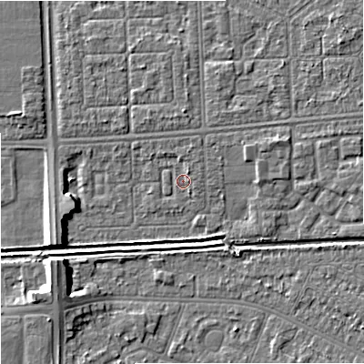 Shaded relief map of the ground around M147EQ, computed from Environment Agency LiDAR. The ground here sits at about 32 m above sea level and falls 7 m across the surrounding 800 m. Surface water reaching this point runs off ground lying to the north-north-east, 1.1 m higher.