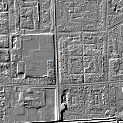 Shaded relief map of the ground around M147ER, computed from Environment Agency LiDAR. The ground here sits at about 32 m above sea level and falls 7 m across the surrounding 800 m. Surface water reaching this point runs off ground lying to the east-south-east, 2.2 m higher.