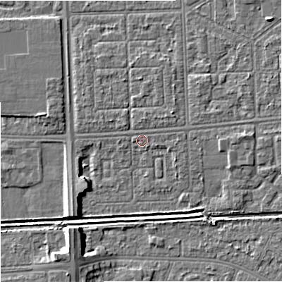 Shaded relief map of the ground around M147EW, computed from Environment Agency LiDAR. The ground here sits at about 32 m above sea level and falls 8 m across the surrounding 800 m. Surface water reaching this point runs off ground lying to the east, 0.7 m higher.