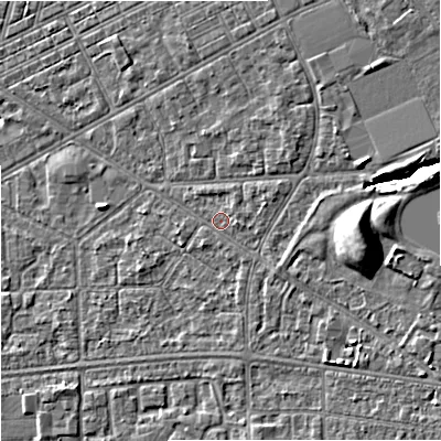 Shaded relief map of the ground around M147EZ, computed from Environment Agency LiDAR. The ground here sits at about 34 m above sea level and falls 10 m across the surrounding 800 m. Surface water reaching this point runs off ground lying to the east-north-east, 3.4 m higher.