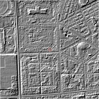 Shaded relief map of the ground around M147FA, computed from Environment Agency LiDAR. The ground here sits at about 32 m above sea level and falls 5 m across the surrounding 800 m. Surface water reaching this point runs off ground lying to the north-east, 3.8 m higher.