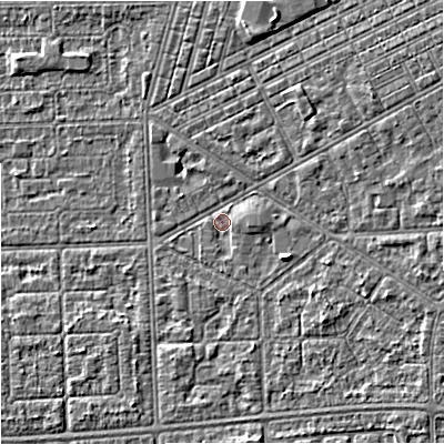 Shaded relief map of the ground around M147FB, computed from Environment Agency LiDAR. The ground here sits at about 32 m above sea level and falls 4 m across the surrounding 800 m. Surface water reaching this point runs off ground lying to the north-east, 3.4 m higher.