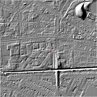 Shaded relief map of the ground around M147FE, computed from Environment Agency LiDAR. The ground here sits at about 34 m above sea level and falls 10 m across the surrounding 800 m. Surface water reaching this point runs off ground lying to the south-south-east, 4.5 m higher.