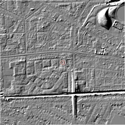 Shaded relief map of the ground around M147FF, computed from Environment Agency LiDAR. The ground here sits at about 33 m above sea level and falls 10 m across the surrounding 800 m. Surface water reaching this point runs off ground lying to the south-south-east, 4.5 m higher.