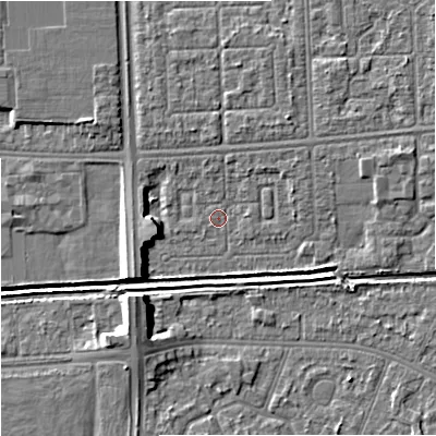 Shaded relief map of the ground around M147FP, computed from Environment Agency LiDAR. The ground here sits at about 31 m above sea level and falls 8 m across the surrounding 800 m. Surface water reaching this point runs off ground lying to the south-west, 5.2 m higher.