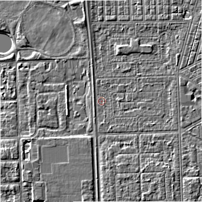 Shaded relief map of the ground around M147FR, computed from Environment Agency LiDAR. The ground here sits at about 31 m above sea level and falls 4 m across the surrounding 800 m. The ground contributing surface water to this point lies to the north-east.