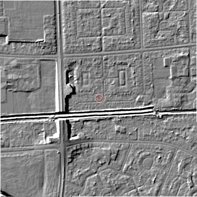 Shaded relief map of the ground around M147FW, computed from Environment Agency LiDAR. The ground here sits at about 31 m above sea level and falls 9 m across the surrounding 800 m. Surface water reaching this point runs off ground lying to the south-west, 1.0 m higher.