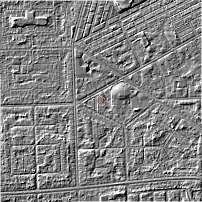 Shaded relief map of the ground around M147FZ, computed from Environment Agency LiDAR. The ground here sits at about 32 m above sea level and falls 4 m across the surrounding 800 m. Surface water reaching this point runs off ground lying to the east-north-east, 1.5 m higher.