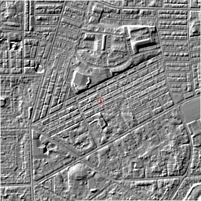 Shaded relief map of the ground around M147GD, computed from Environment Agency LiDAR. The ground here sits at about 33 m above sea level and falls 6 m across the surrounding 800 m. Surface water reaching this point runs off ground lying to the east, 2.1 m higher.