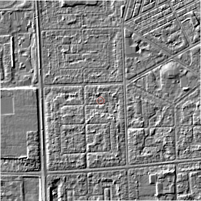 Shaded relief map of the ground around M147HE, computed from Environment Agency LiDAR. The ground here sits at about 32 m above sea level and falls 4 m across the surrounding 800 m. Surface water reaching this point runs off ground lying to the south-south-east, 1.6 m higher.