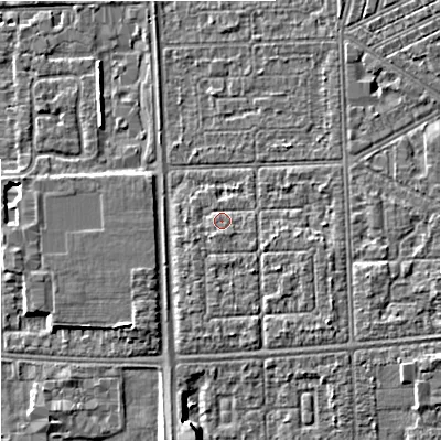 Shaded relief map of the ground around M147HF, computed from Environment Agency LiDAR. The ground here sits at about 32 m above sea level and falls 5 m across the surrounding 800 m. Surface water reaching this point runs off ground lying to the south-east, 1.2 m higher.
