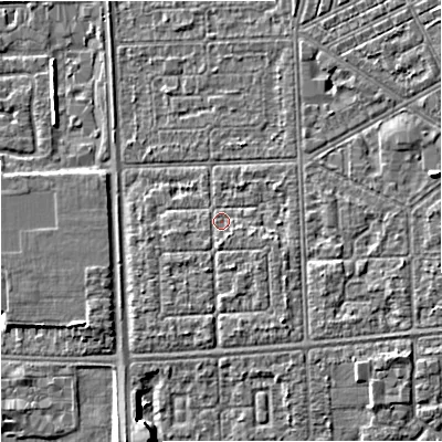 Shaded relief map of the ground around M147HG, computed from Environment Agency LiDAR. The ground here sits at about 32 m above sea level and falls 5 m across the surrounding 800 m. Surface water reaching this point runs off ground lying to the south-south-east, 1.0 m higher.