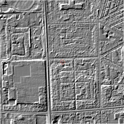 Shaded relief map of the ground around M147HH, computed from Environment Agency LiDAR. The ground here sits at about 31 m above sea level and falls 4 m across the surrounding 800 m. Surface water reaching this point runs off ground lying to the south-east, 2.3 m higher.