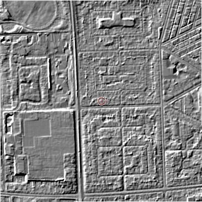 Shaded relief map of the ground around M147HJ, computed from Environment Agency LiDAR. The ground here sits at about 32 m above sea level and falls 4 m across the surrounding 800 m. Surface water reaching this point runs off ground lying to the north-east, 2.4 m higher.