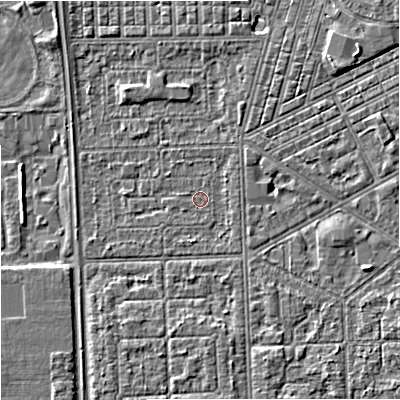 Shaded relief map of the ground around M147HL, computed from Environment Agency LiDAR. The ground here sits at about 32 m above sea level and falls 5 m across the surrounding 800 m. The ground contributing surface water to this point lies to the south-south-east.