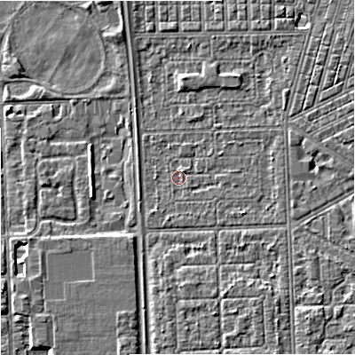 Shaded relief map of the ground around M147HN, computed from Environment Agency LiDAR. The ground here sits at about 31 m above sea level and falls 4 m across the surrounding 800 m. Surface water reaching this point runs off ground lying to the north-east, 2.7 m higher.