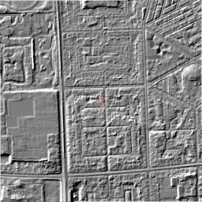 Shaded relief map of the ground around M147HP, computed from Environment Agency LiDAR. The ground here sits at about 32 m above sea level and falls 4 m across the surrounding 800 m. Surface water reaching this point runs off ground lying to the south-south-east, 1.1 m higher.