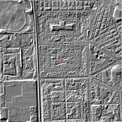 Shaded relief map of the ground around M147HQ, computed from Environment Agency LiDAR. The ground here sits at about 31 m above sea level and falls 4 m across the surrounding 800 m. Surface water reaching this point runs off ground lying to the north-east, 1.0 m higher.
