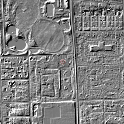 Shaded relief map of the ground around M147HR, computed from Environment Agency LiDAR. The ground here sits at about 31 m above sea level and falls 6 m across the surrounding 800 m. Surface water reaching this point runs off ground lying to the north-east, 4.3 m higher.
