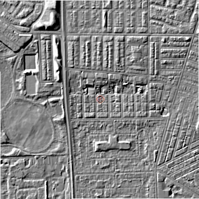 Shaded relief map of the ground around M147JR, computed from Environment Agency LiDAR. The ground here sits at about 32 m above sea level and falls 5 m across the surrounding 800 m. Surface water reaching this point runs off ground lying to the north-east, 4.1 m higher.