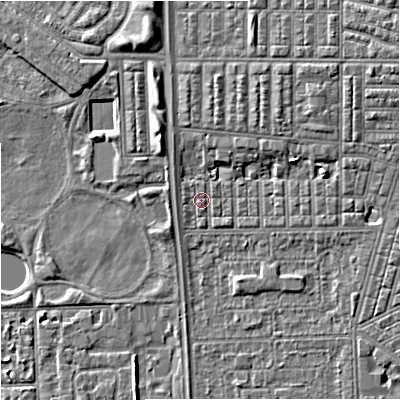 Shaded relief map of the ground around M147JS, computed from Environment Agency LiDAR. The ground here sits at about 32 m above sea level and falls 6 m across the surrounding 800 m. Surface water reaching this point runs off ground lying to the north-north-east, 2.3 m higher.