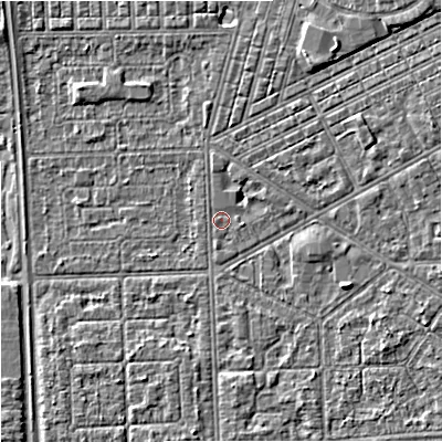 Shaded relief map of the ground around M147LA, computed from Environment Agency LiDAR. The ground here sits at about 32 m above sea level and falls 5 m across the surrounding 800 m. Surface water reaching this point runs off ground lying to the north-east, 4.3 m higher.