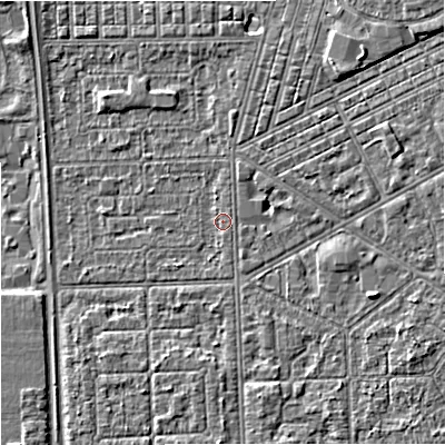 Shaded relief map of the ground around M147LB, computed from Environment Agency LiDAR. The ground here sits at about 32 m above sea level and falls 5 m across the surrounding 800 m. Surface water reaching this point runs off ground lying to the north, 0.7 m higher.