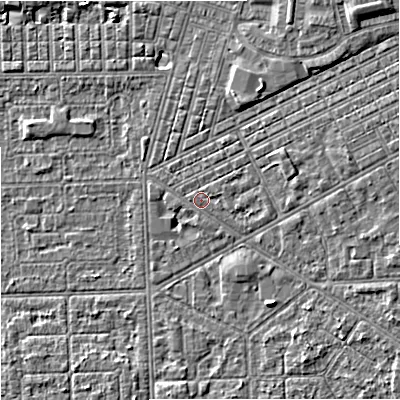 Shaded relief map of the ground around M147LD, computed from Environment Agency LiDAR. The ground here sits at about 33 m above sea level and falls 6 m across the surrounding 800 m. Surface water reaching this point runs off ground lying to the east-north-east, 2.7 m higher.