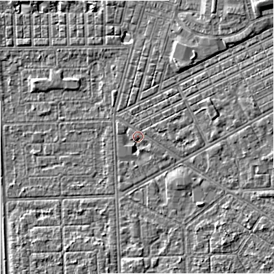 Shaded relief map of the ground around M147LE, computed from Environment Agency LiDAR. The ground here sits at about 33 m above sea level and falls 6 m across the surrounding 800 m. Surface water reaching this point runs off ground lying to the east-north-east, 2.7 m higher.