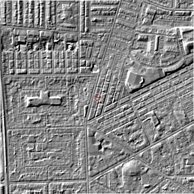 Shaded relief map of the ground around M147LF, computed from Environment Agency LiDAR. The ground here sits at about 32 m above sea level and falls 6 m across the surrounding 800 m. Surface water reaching this point runs off ground lying to the north-east, 4.2 m higher.